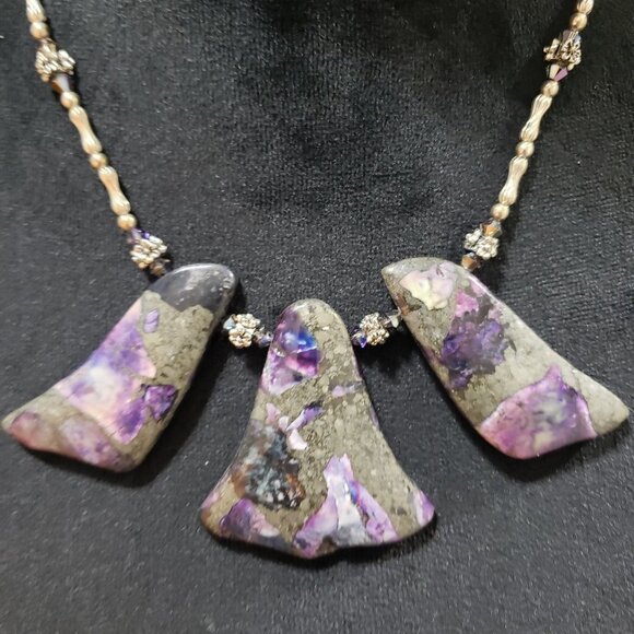 Women Purple Impression Jasper Stone Hematite Beaded Necklace with Hook & Eye - Picture 3 of 6